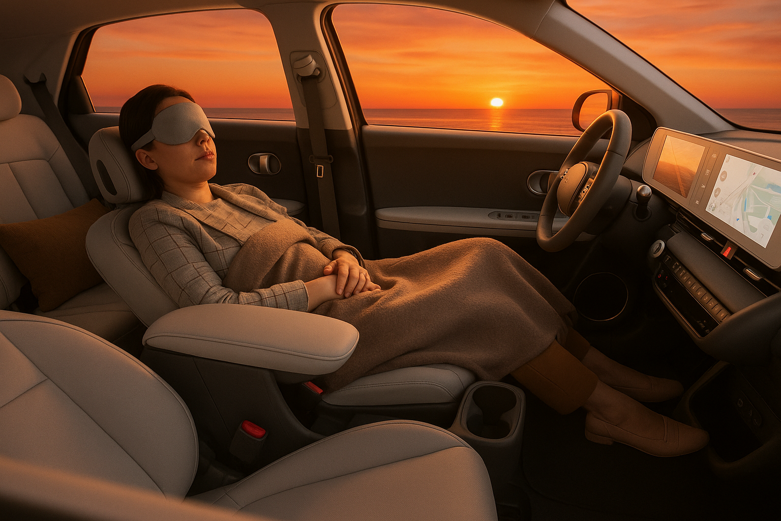 Driver resting comfortably in EV during charging